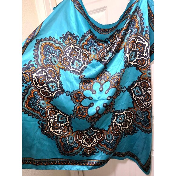 Vintage M.O.S. Paisley Teal & Orange Silk-Like Scarf With Ornate Design Size 35x - Picture 2 of 6